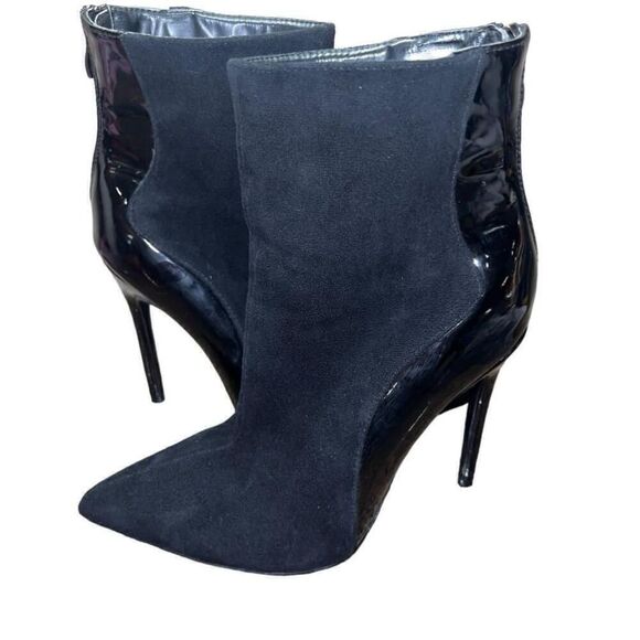 Women's Black Suede and Patent Leather Pointed Toe Booties Size 7 - Picture 1 of 5